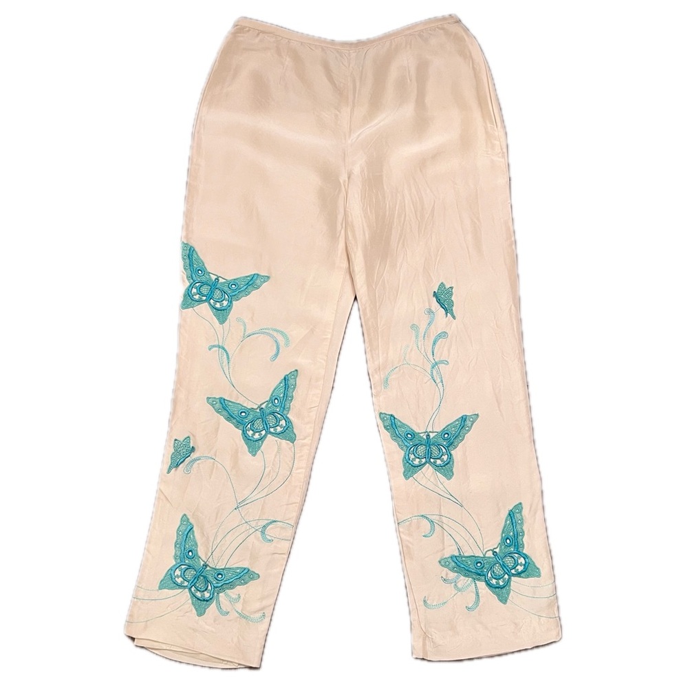 Vintage Silk Cream Teal Embroidered Butterfly Pants Yves Cossette Depeche Mode